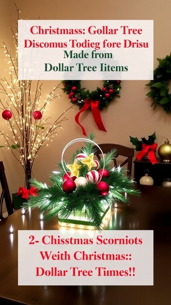 A cozy Christmas decor setup featuring Dollar Tree decorations, including a centerpiece, wreath, and twinkling lights.